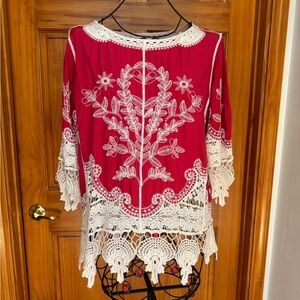 Women's Ultra Pink Top, Size XL, Dull Red & Cream